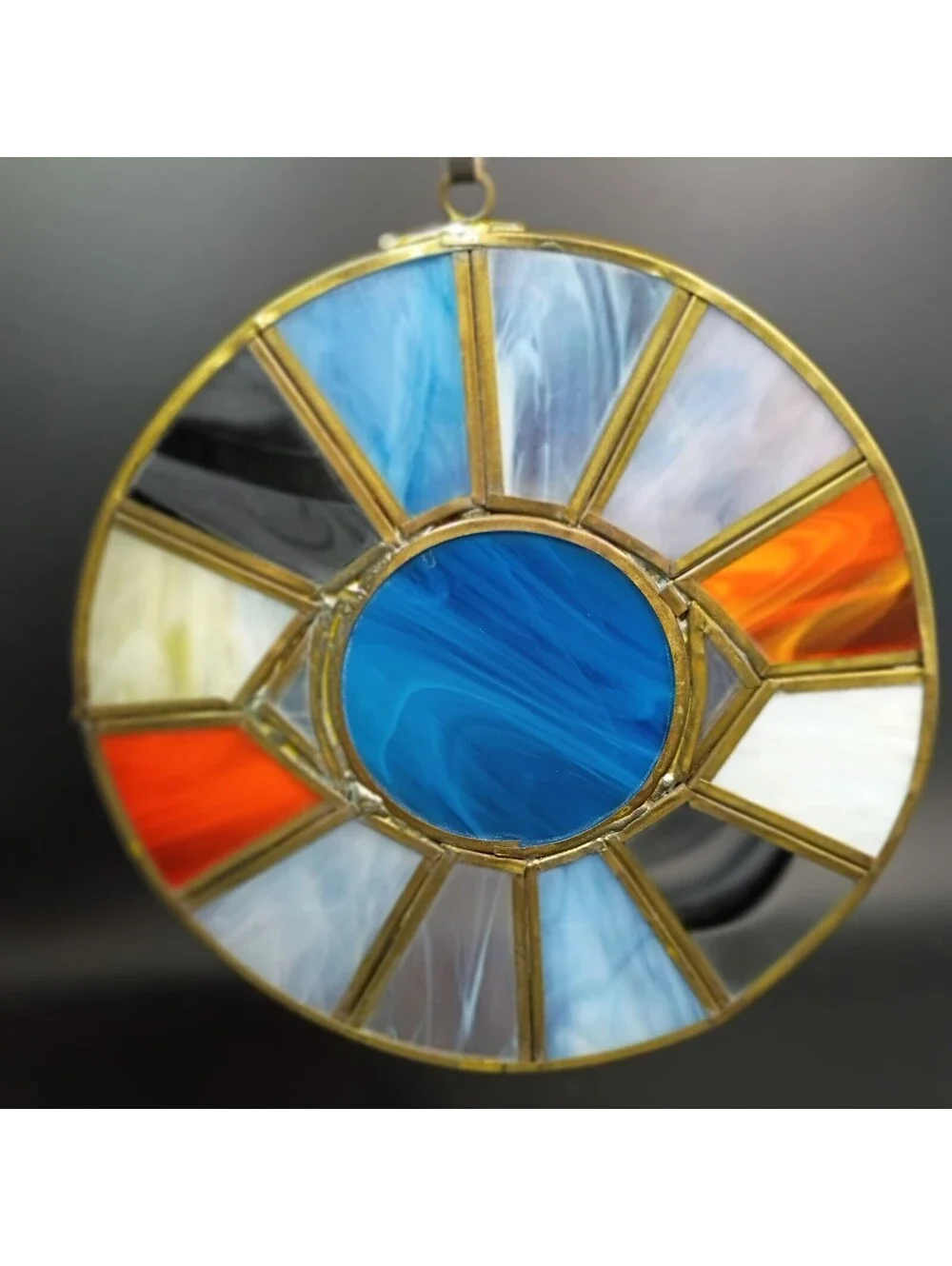 Vtg OOAK Round Symmetric Leaded Stained Glass Suncatcher Window Hanging Blue Eye
